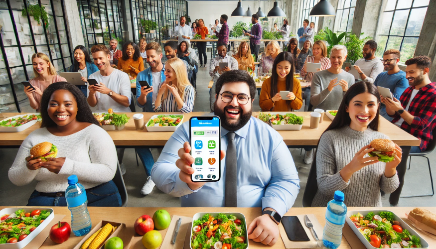 A diverse group of employees, some overweight and some fit, in a modern office, using a mobile app for corporate wellness and nutrition. One employee -2