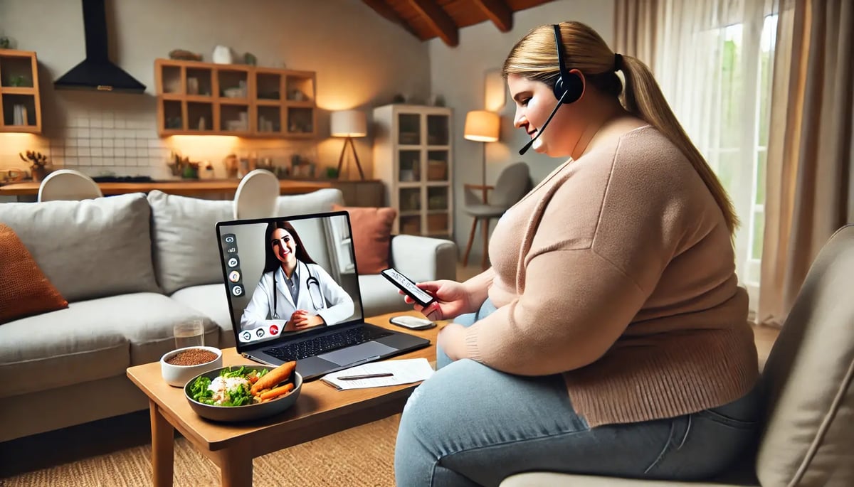 an overweight employee at a desk using a computer or smartphone for a virtual tele-health consultation with a Registered Dietitian